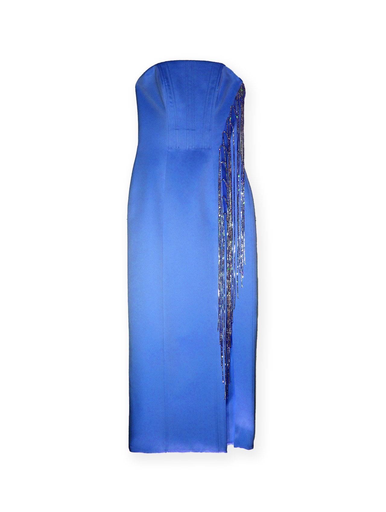 BLOOM MIDI DRESS | ELECTRIC BLUE; the perfect combination of classic elegance and modern style. This strapless design features a side split and crystal chain fringing for a tasteful touch of shimmer. It also includes corset boning for structure and support, offering a comfortable midi length fit.