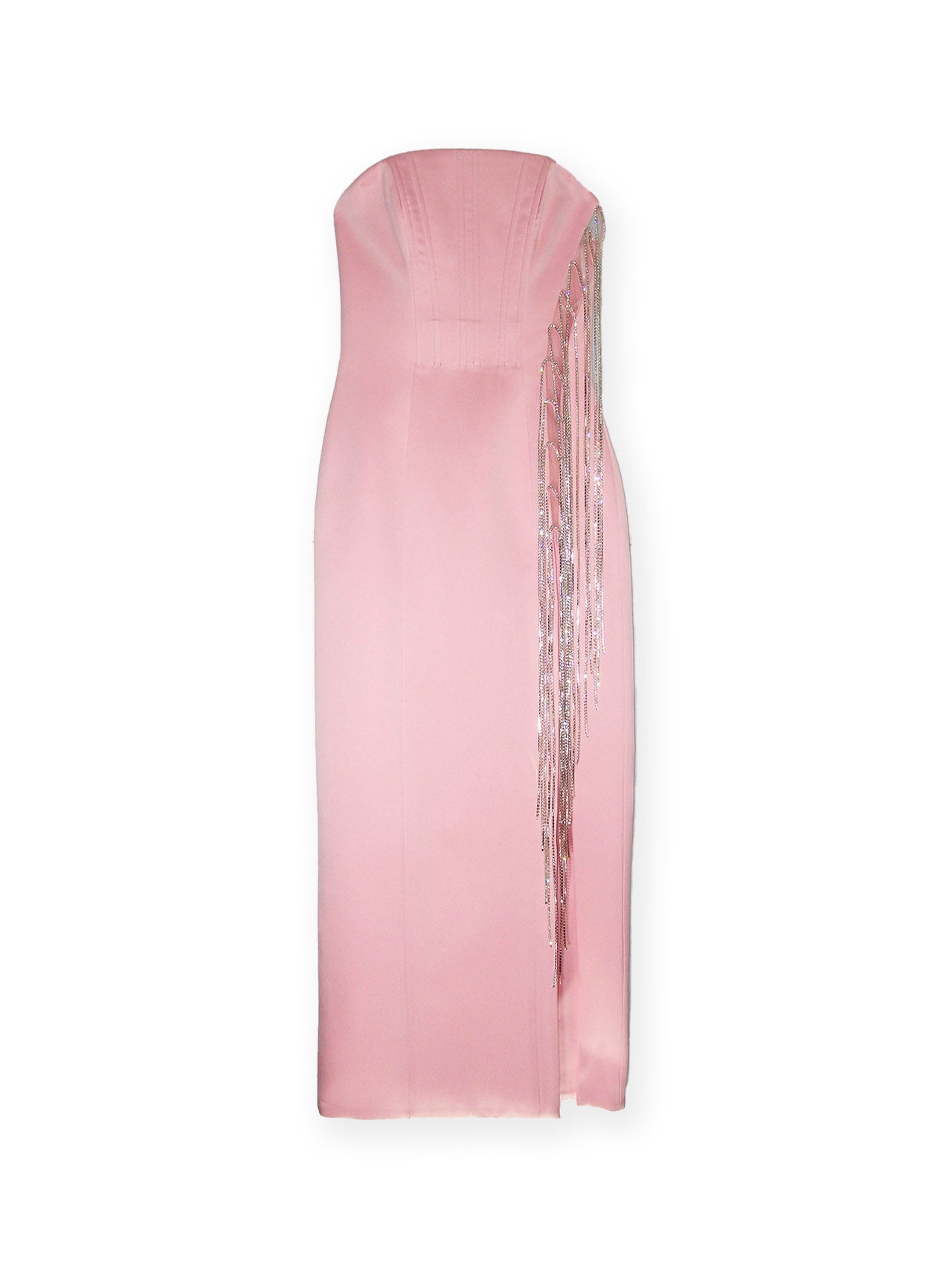 BLOOM MIDI DRESS | POWER PINK; the perfect combination of classic elegance and modern style. This strapless design features a side split and crystal chain fringing for a tasteful touch of shimmer. It also includes corset boning for structure and support, offering a comfortable midi length fit.
