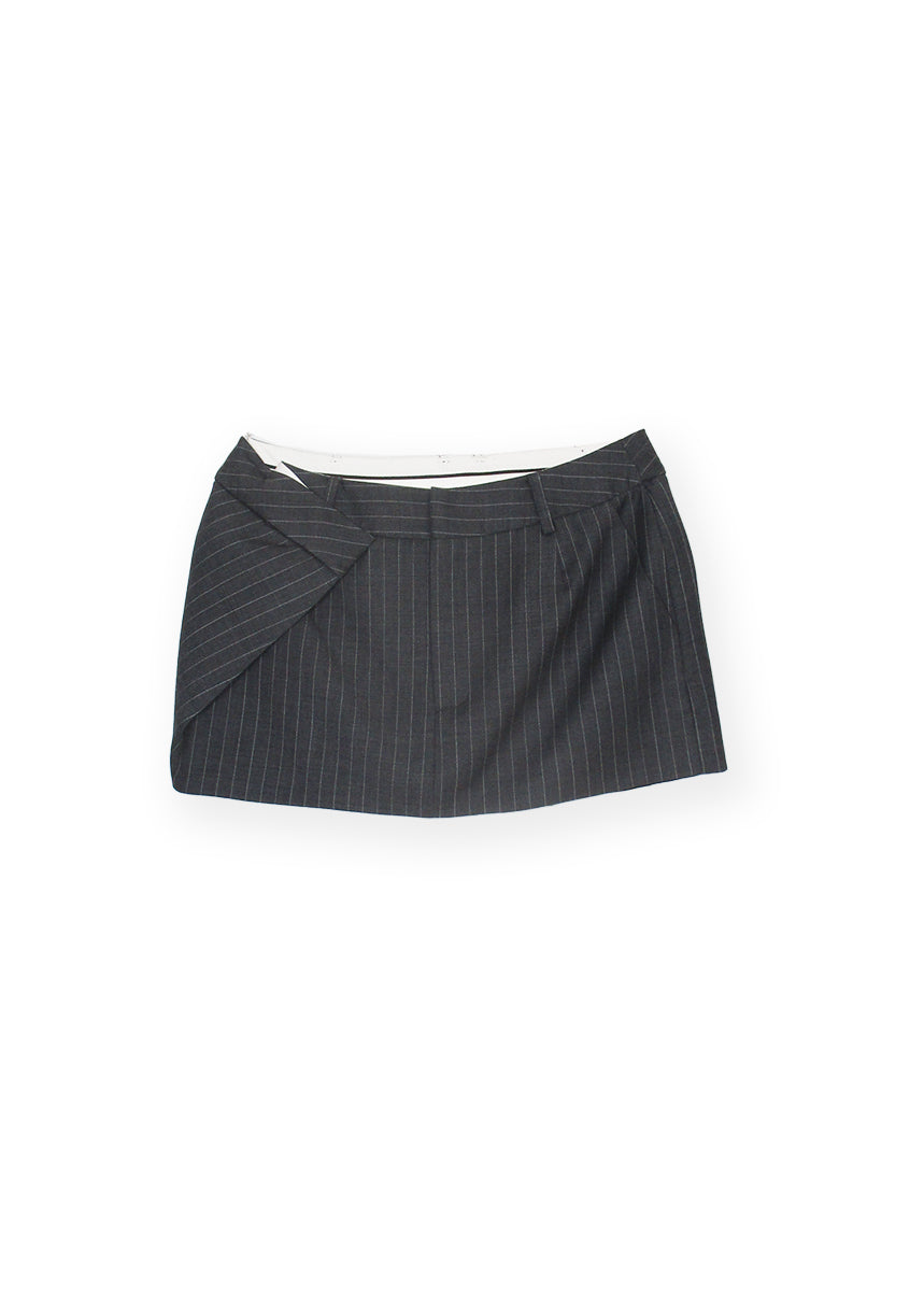 Made from high-quality pin stripe wool, our NECTAR MICRO MINI SKIRT features a fold over detail and low waisted design for a comfortable and modern fit. Low waisted, Fitted, Wool blend (dead stock), Micro mini, Fly front, Fold over detail