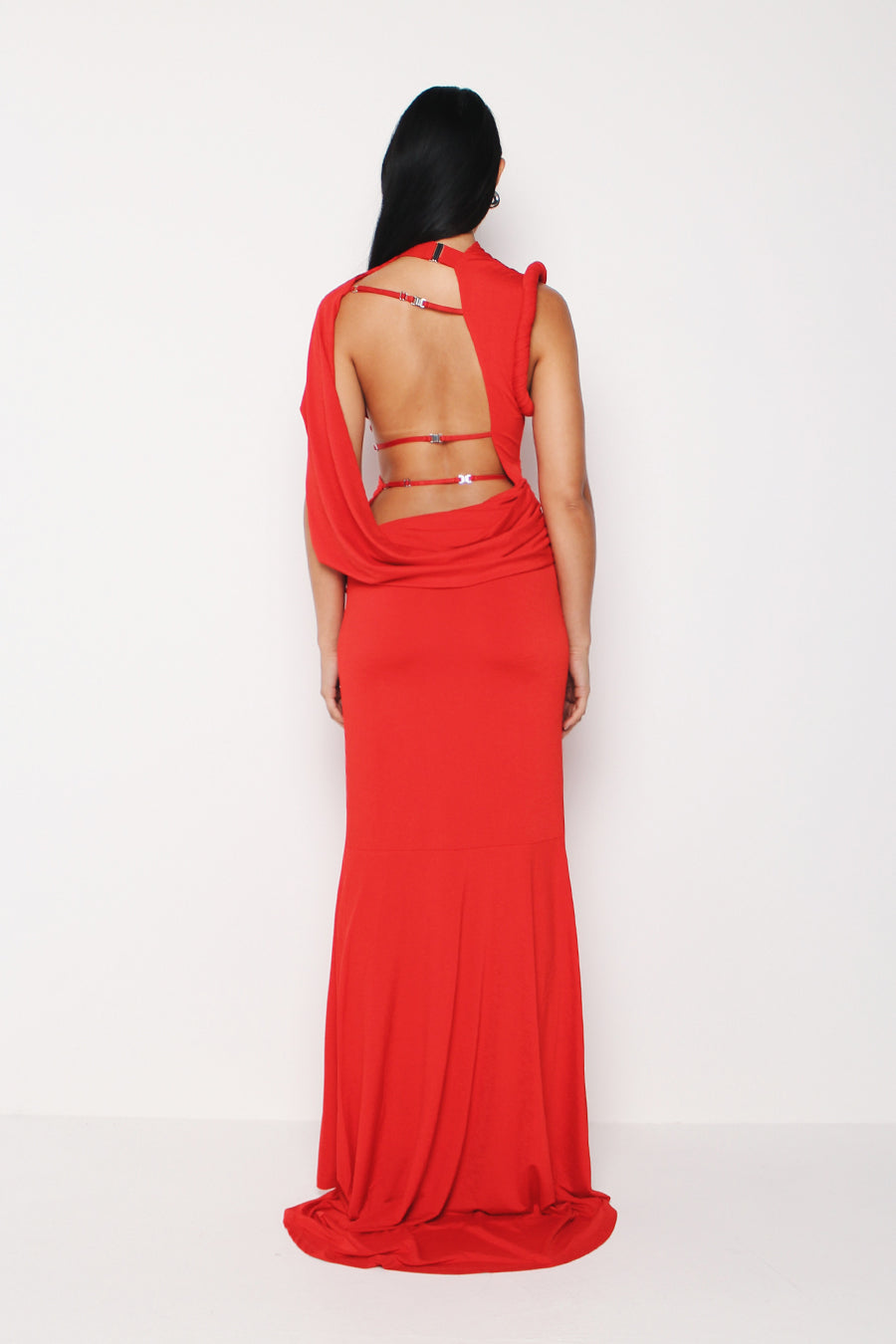 red neon dress Neon Coral Satin Prom Dress with Beaded Plunge Neck and High Slit AS004 Viniodress