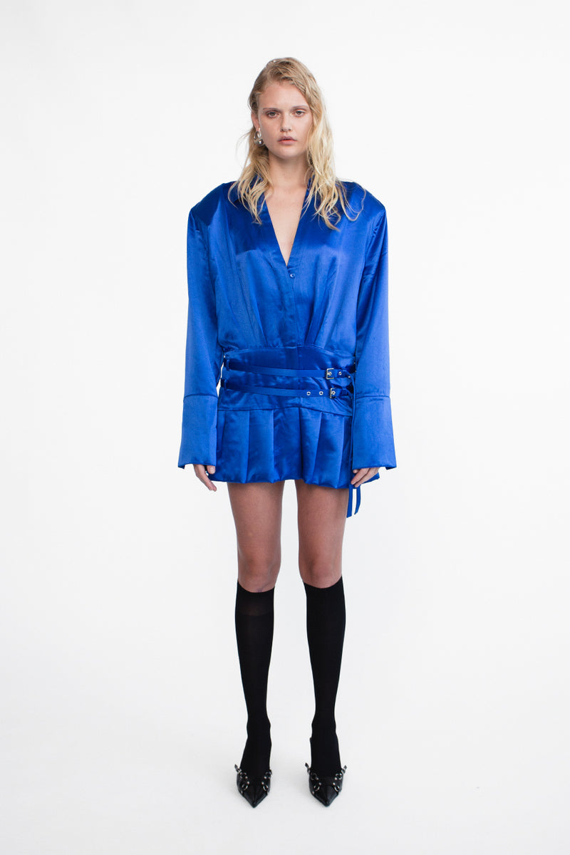 SKYLAR MINI SATIN SHIRT DRESS | COBALT